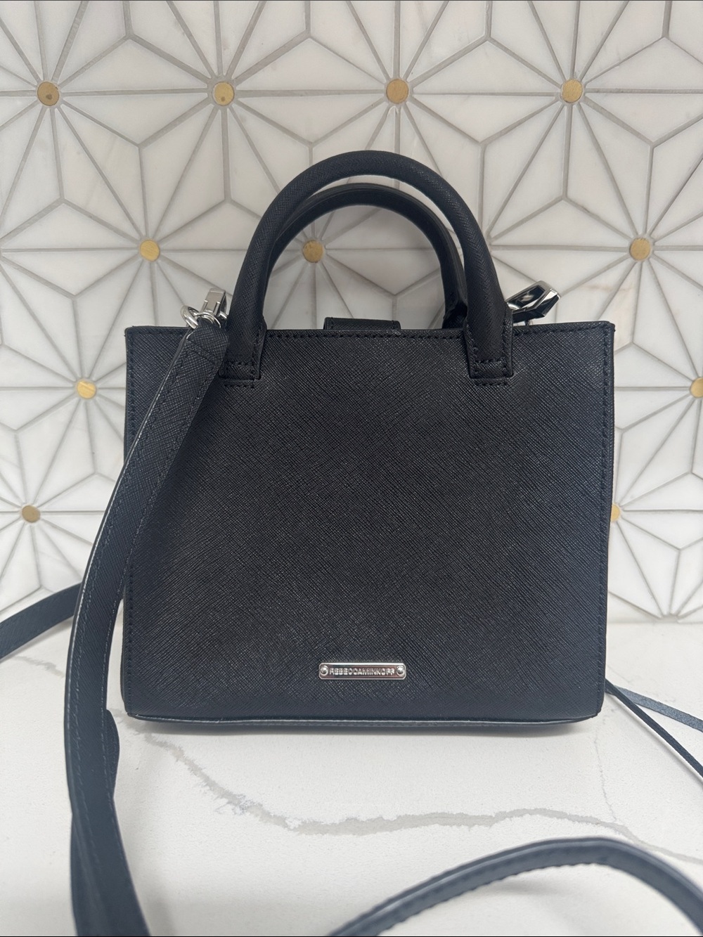 Rebecca Minkoff Black Saffiano Leather Mini Satchel with Crossbody Strap